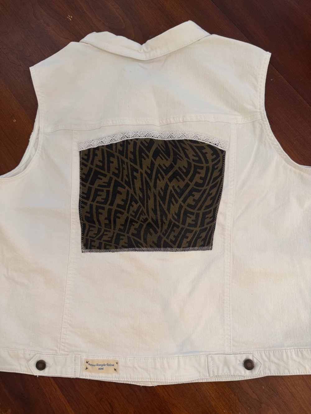 Sleeveless White Button-Up Denim Vest Designer Inspired Back Panel sz 24